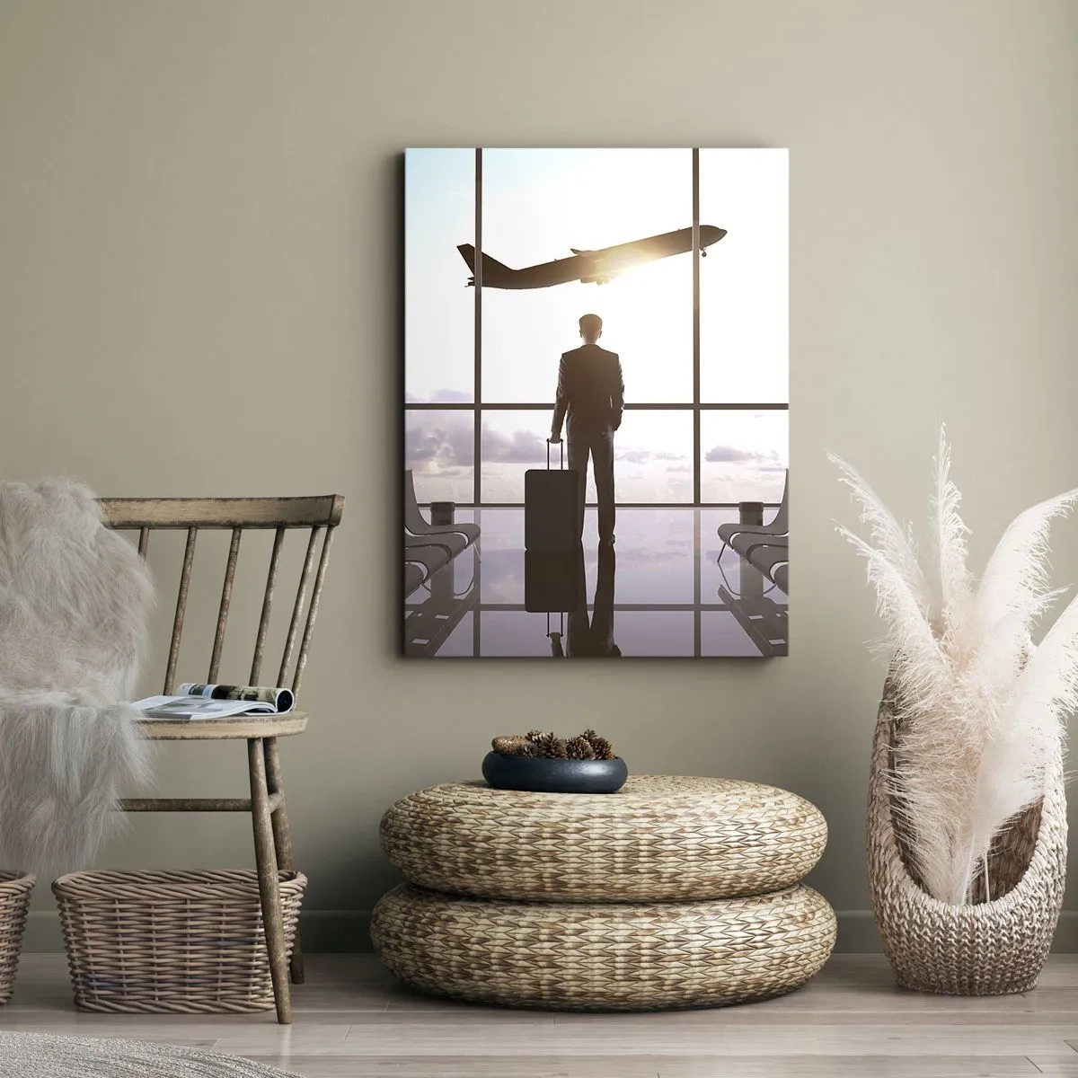Bild auf Leinwand - Leinwandbild - Geschäftsmann am Flughafen mit einem Flugzeug im Hintergrund - 50x70cm - Du hast Zeit, lass dir Zeit - Moderne Wanddekoration für Wohnzimmer und Schlafzimmer ARTTOR