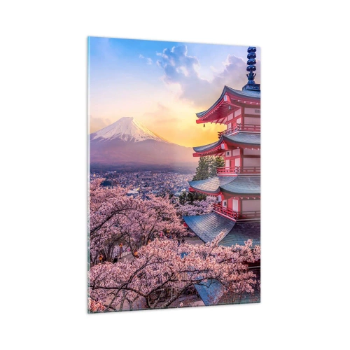 Glasbild - Bild auf glas - Eine Pagode in einer japanischen Landschaft mit Blick auf den Berg Fuji und blühende Bäume - 50x70cm - Die Essenz des japanischen Geistes - Moderne Wanddekoration für Wohnzimmer und Schlafzimmer ARTTOR