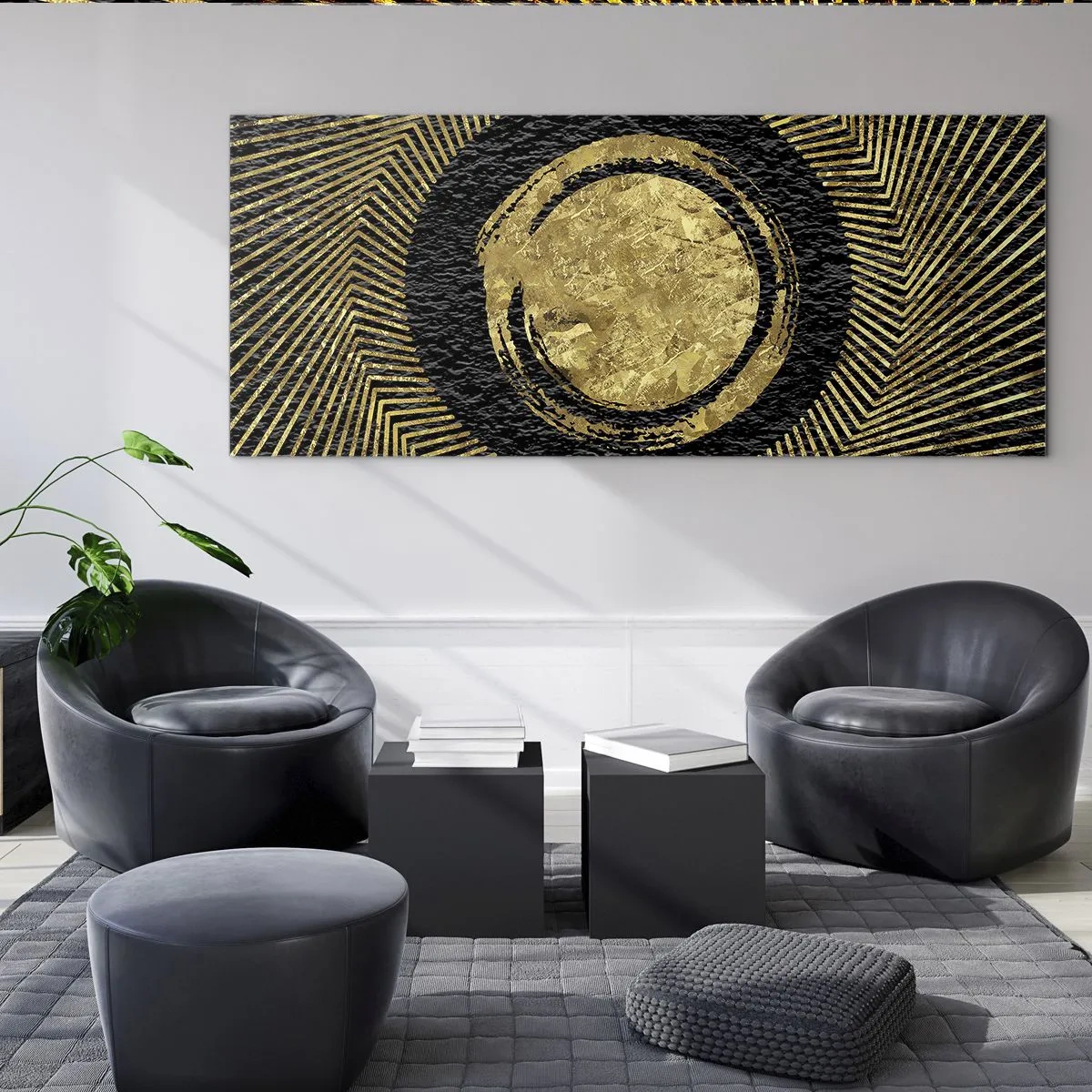 Glasbild - Bild auf glas - Geometrische Komposition in Schwarz und Gold mit Strahlen - 160x50cm - Glamour-Komposition - Moderne Wanddekoration für Wohnzimmer und Schlafzimmer ARTTOR