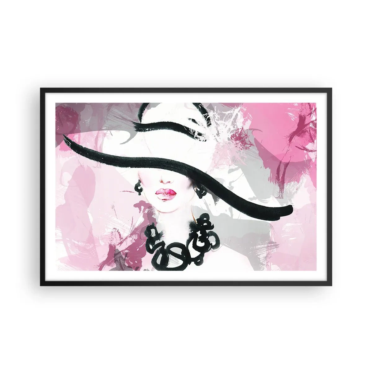 Poster in einem schwarzem Rahmen - Bildnis einer Dame in Schwarz und Pink - 91x61 cm