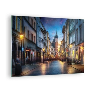 Glasbild - Bild auf glas - Abendlicher Blick auf die Altstadt mit der Kirche im Hintergrund - 70x50cm - Krakauer Charme - Moderne Wanddekoration für Wohnzimmer und Schlafzimmer ARTTOR