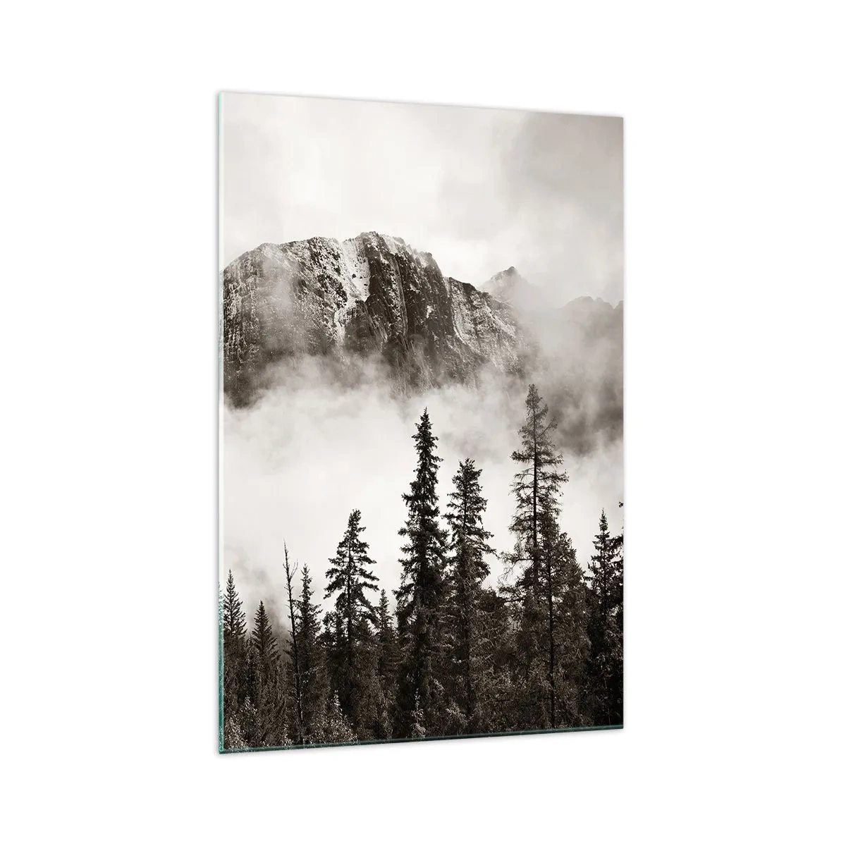 Glasbild - Bild auf glas - Ein malerischer Berggipfel, umgeben von Nebel und einem sepiafarbenen Wald - 70x100cm - Lineal aus Granit - Moderne Wanddekoration für Wohnzimmer und Schlafzimmer ARTTOR