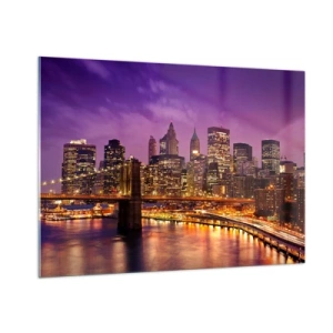 Glasbild - Bild auf glas - Abendansicht von New York mit der Brooklyn Bridge - 100x70cm - Violett-goldenes Manhathann - Moderne Wanddekoration für Wohnzimmer und Schlafzimmer ARTTOR
