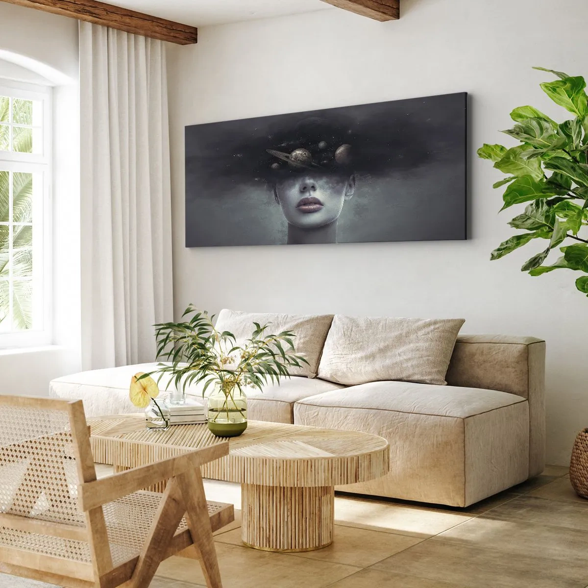 Bild auf Leinwand - Leinwandbild - Ein Frauengesicht mit einem Planeten- und Weltraummotiv im Hintergrund - 120x50cm - Und die Planeten spielen verrückt ... - Moderne Wanddekoration für Wohnzimmer und Schlafzimmer ARTTOR