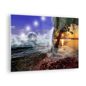 Glasbild - Bild auf glas - Eine Fantasielandschaft mit Meer und einem Planeten - 70x50cm - Surreale Landschaft - Einheit der Natur - Moderne Wanddekoration für Wohnzimmer und Schlafzimmer ARTTOR