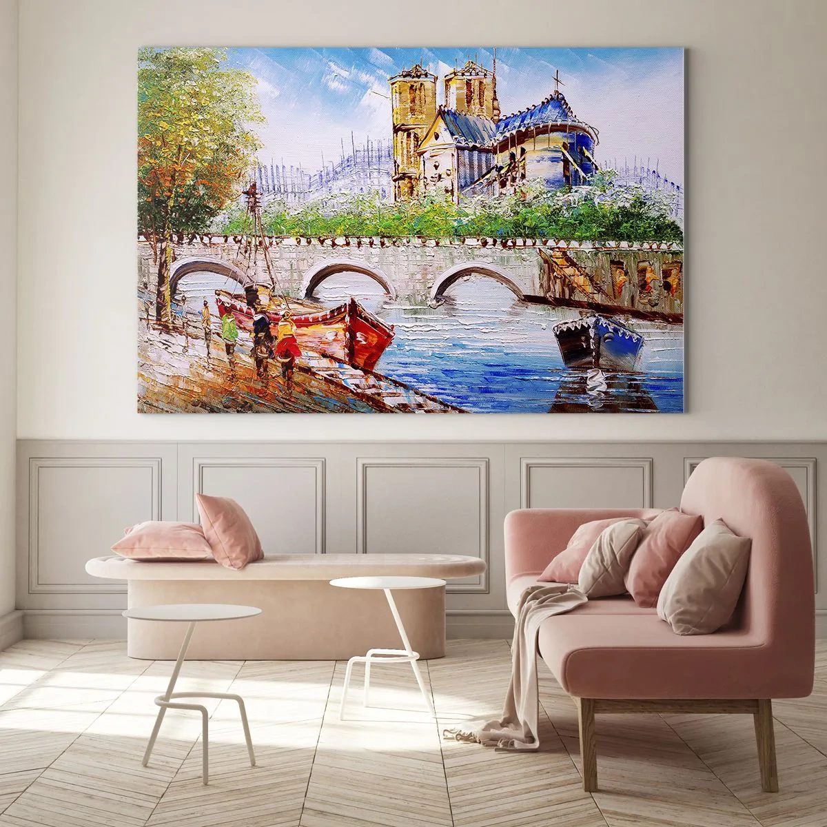 Glasbild - Bild auf glas - Brücke und Boote vor der Kulisse der historischen Kathedrale - 100x70cm - Ihre Zeit vergeht nie - Moderne Wanddekoration für Wohnzimmer und Schlafzimmer ARTTOR