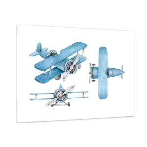 Glasbild - Bild auf glas - Blaue Retro-Flugzeuge auf weißem Hintergrund für Kinder - 100x70cm - Geboren um zu gewinnen - Moderne Wanddekoration für Wohnzimmer und Schlafzimmer ARTTOR