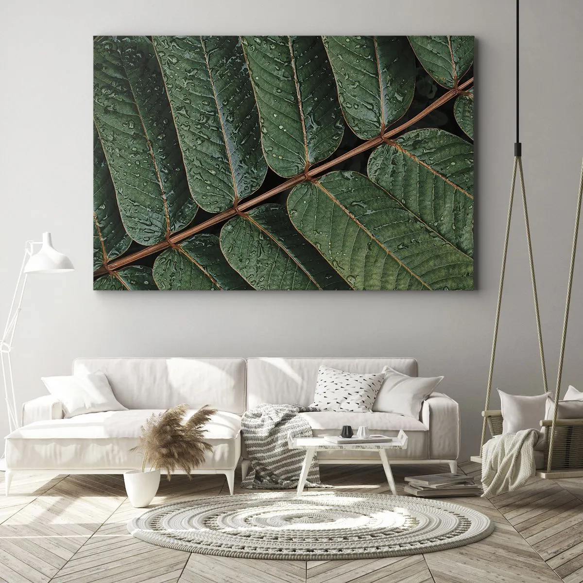 Bild auf Leinwand - Leinwandbild - Makroaufnahme von grünen Blättern mit Tautropfen - 120x80cm - Im grünen Rhythmus - Moderne Wanddekoration für Wohnzimmer und Schlafzimmer ARTTOR