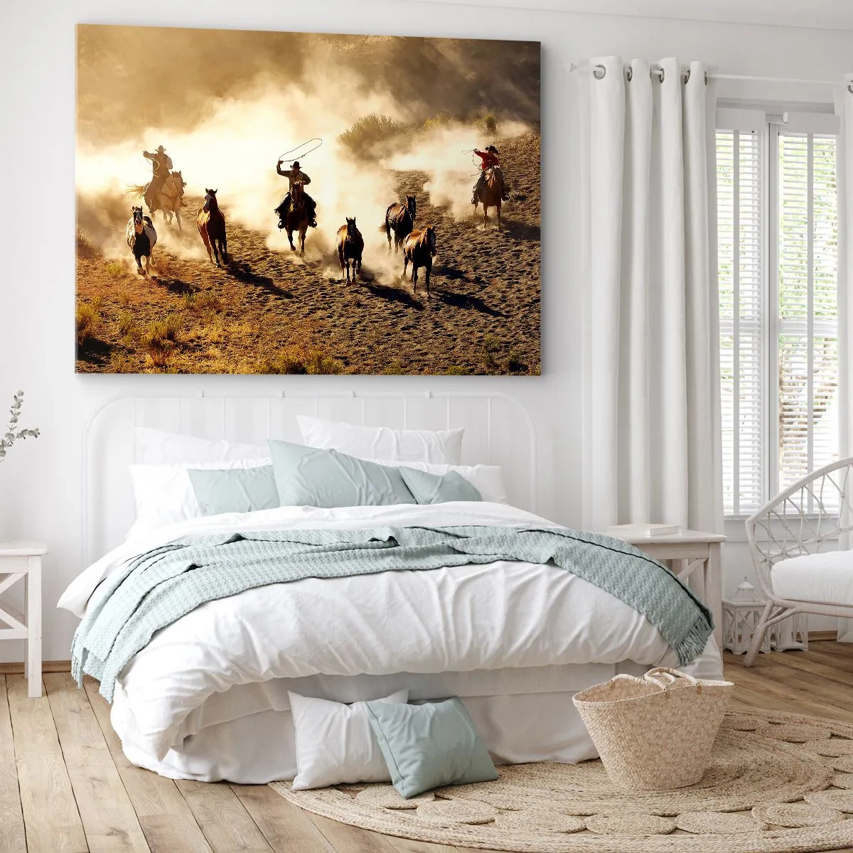 Bild auf Leinwand - Leinwandbild - Cowboys zu Pferd in Aktion im Wüstengelände - 70x50cm - Wirklich wilder Westen - Moderne Wanddekoration für Wohnzimmer und Schlafzimmer ARTTOR