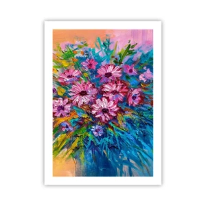 Poster - Ein Strauß intensiv gefärbter Blumen auf abstraktem Hintergrund - 50x70cm - Lebensenergie - Moderne Wanddekoration für Wohnzimmer und Schlafzimmer ARTTOR