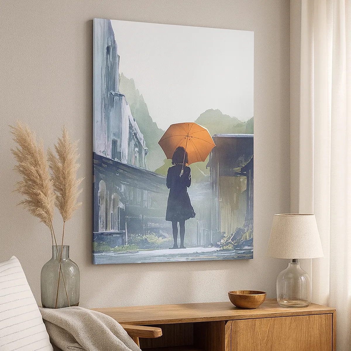 Bild auf Leinwand - Leinwandbild - Eine Figur mit einem Regenschirm in einer verregneten Stadt - 50x70cm - Belebender Regen - Moderne Wanddekoration für Wohnzimmer und Schlafzimmer ARTTOR