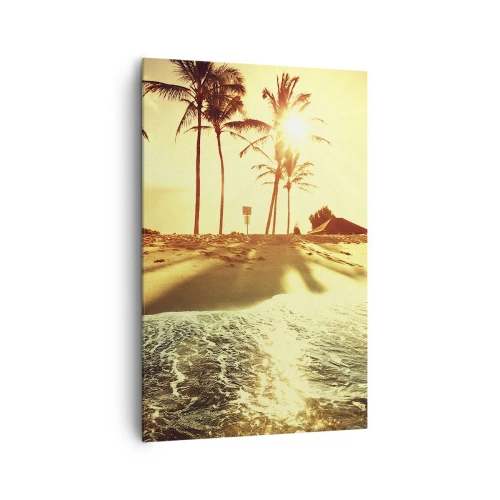 Bild auf Leinwand - Leinwandbild - Ein Strand mit Palmen, beleuchtet von einem warmen Sonnenuntergang - 80x120cm - Kalifornien am Nachmittag - Moderne Wanddekoration für Wohnzimmer und Schlafzimmer ARTTOR