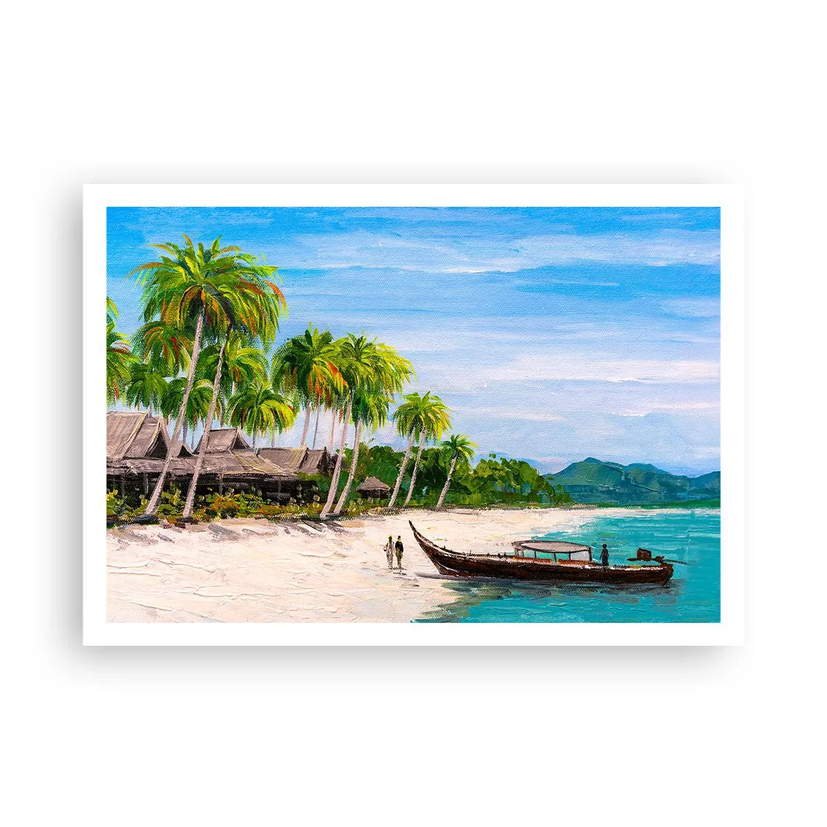 Poster - Ein exotischer Strand mit Palmen und einem Boot am Ufer - 100x70cm - Exotischer Traum - Moderne Wanddekoration für Wohnzimmer und Schlafzimmer ARTTOR