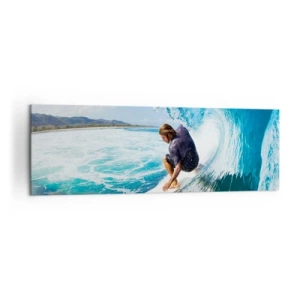 Bild auf Leinwand - Leinwandbild - Ein Surfer in dynamischer Pose auf einer Welle im türkisfarbenen Wasser. - 160x50cm - Tanzen mit den Wellen - Moderne Wanddekoration für Wohnzimmer und Schlafzimmer ARTTOR