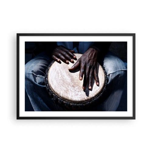 Poster in einem schwarzem Rahmen - Hände spielen eine Djembe-Trommel in einer dynamischen Komposition - 70x50cm - Lebe in deinem eigenen Rhythmus - Moderne Wanddekoration für Wohnzimmer und Schlafzimmer ARTTOR