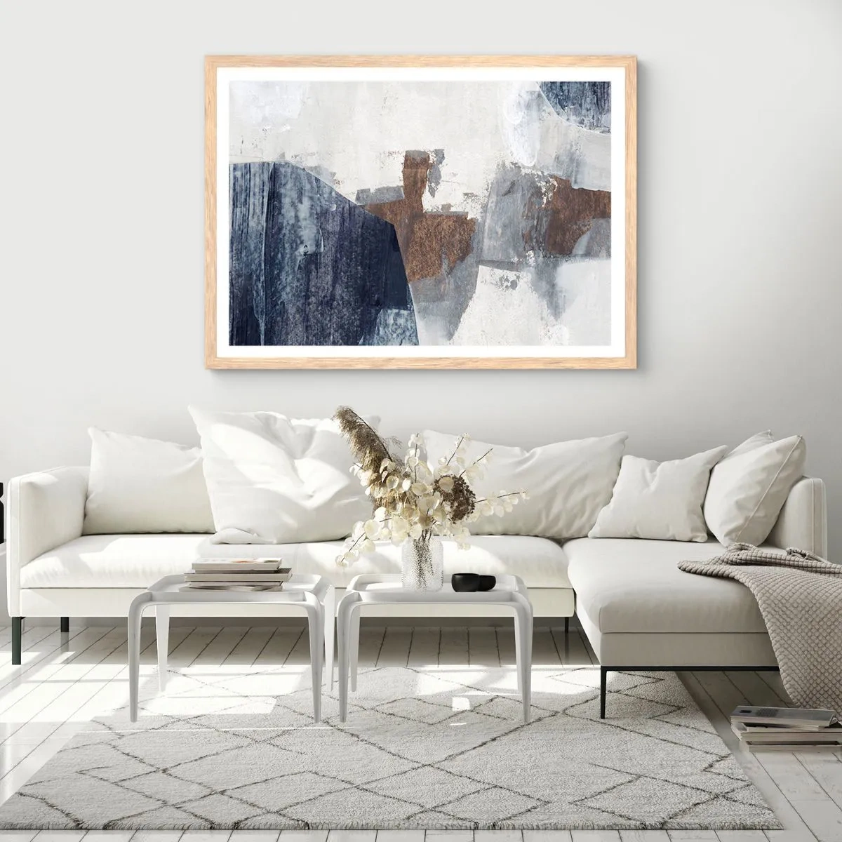 Poster in einem Rahmen aus heller Eiche - Blaue und braune Formen - 100x70 cm