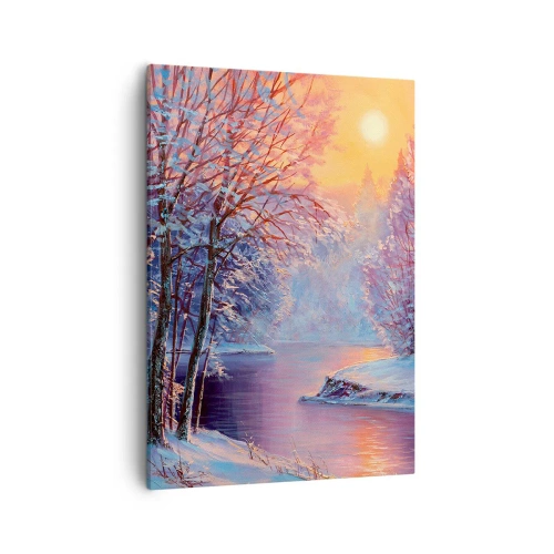 Bild auf Leinwand - Leinwandbild - Winterlandschaft mit Fluss und Bäumen bei Sonnenaufgang - 50x70cm - Die Farben des Winters - Moderne Wanddekoration für Wohnzimmer und Schlafzimmer ARTTOR