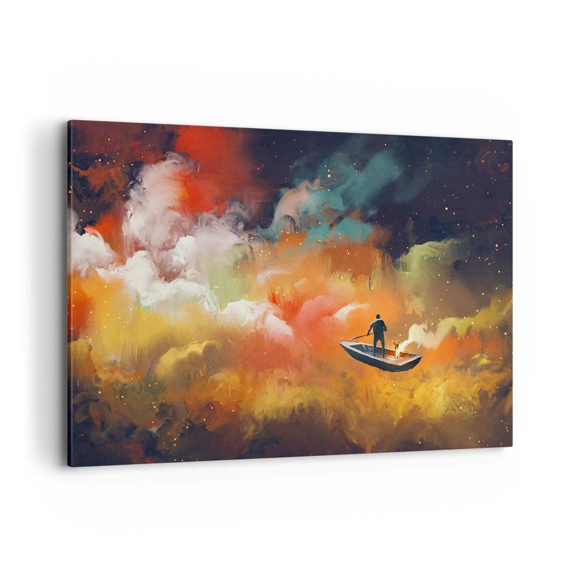 Bild auf Leinwand - Leinwandbild - Eine Figur in einem Boot vor einem Hintergrund aus bunten Wolken - 100x70cm - Mit dem Boot durch die Galaxie - Moderne Wanddekoration für Wohnzimmer und Schlafzimmer ARTTOR