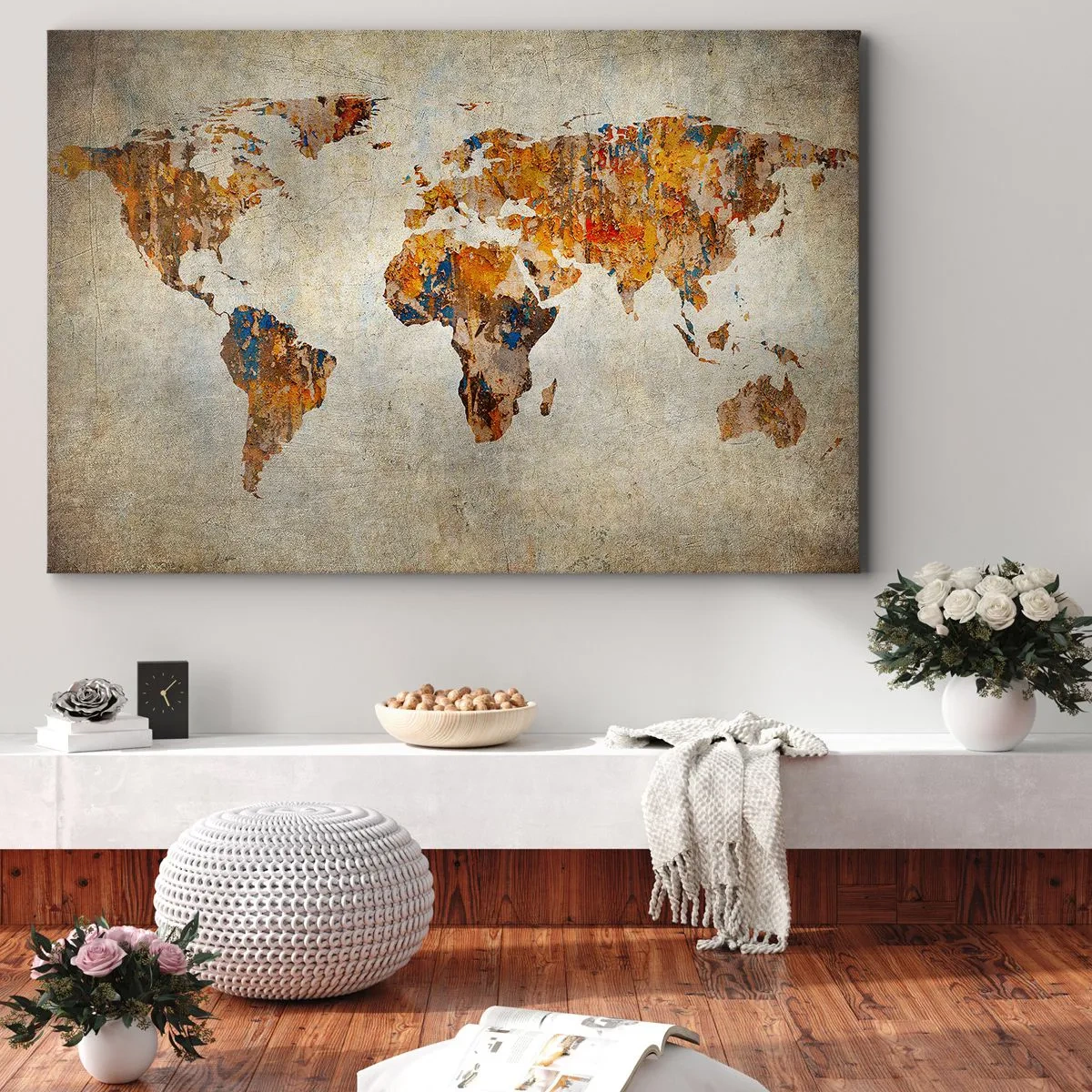 Bild auf Leinwand - Leinwandbild - Vintage-Weltkarte mit bunten Akzenten - 100x70cm - Eine wirklich große Welt - Moderne Wanddekoration für Wohnzimmer und Schlafzimmer ARTTOR