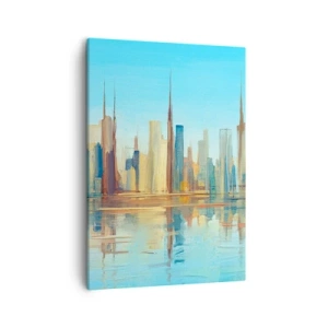 Bild auf Leinwand - Leinwandbild - Ein Panorama der Stadt in warmen Farben mit Spiegelung im Wasser - 50x70cm - Sonnige Metropole - Moderne Wanddekoration für Wohnzimmer und Schlafzimmer ARTTOR