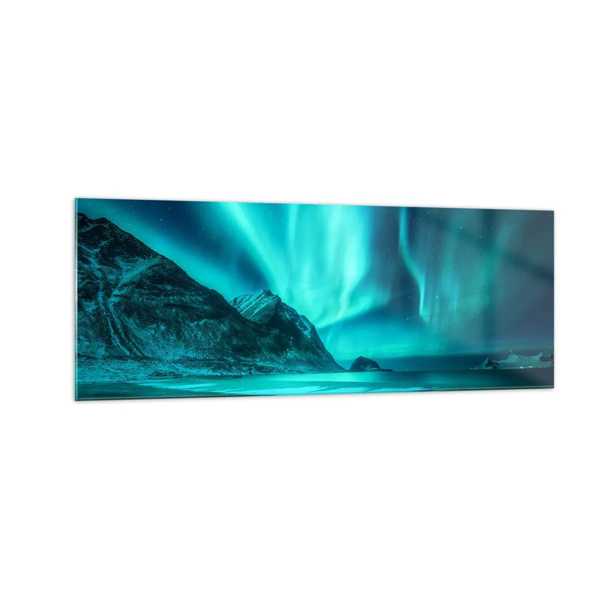 Glasbild - Bild auf glas - Aurora Borealis über einer bergigen Winterlandschaft - 140x50cm - Wunder des Nordens - Moderne Wanddekoration für Wohnzimmer und Schlafzimmer ARTTOR