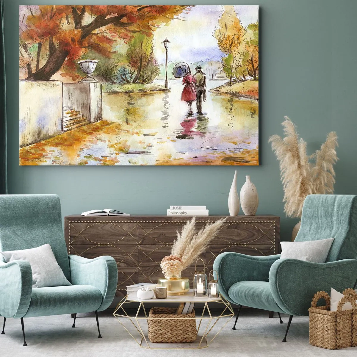 Bild auf Leinwand - Leinwandbild - Ein Spaziergang im Herbstpark mit einem Regenschirm - 120x80cm - Romantischer Herbst im Park - Moderne Wanddekoration für Wohnzimmer und Schlafzimmer ARTTOR