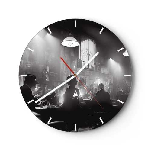 Wanduhr - Glasuhr - Schwarz-Weiß-Szene aus einem Jazzclub mit Silhouetten von Gästen - 30x30cm - In Jazz-Atmosphäre - Moderne Wanddekoration für Wohnzimmer, Küche und Schlafzimmer ARTTOR