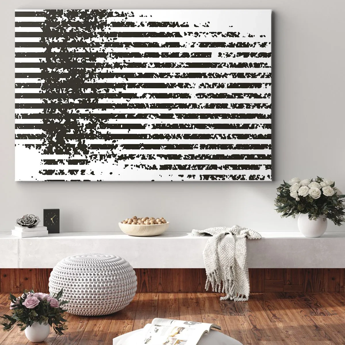 Bild auf Leinwand - Leinwandbild - Abstrakte Linien mit Distressed-Effekt in Schwarz und Weiß - 70x50cm - Rhythmus und Rauschen - Moderne Wanddekoration für Wohnzimmer und Schlafzimmer ARTTOR