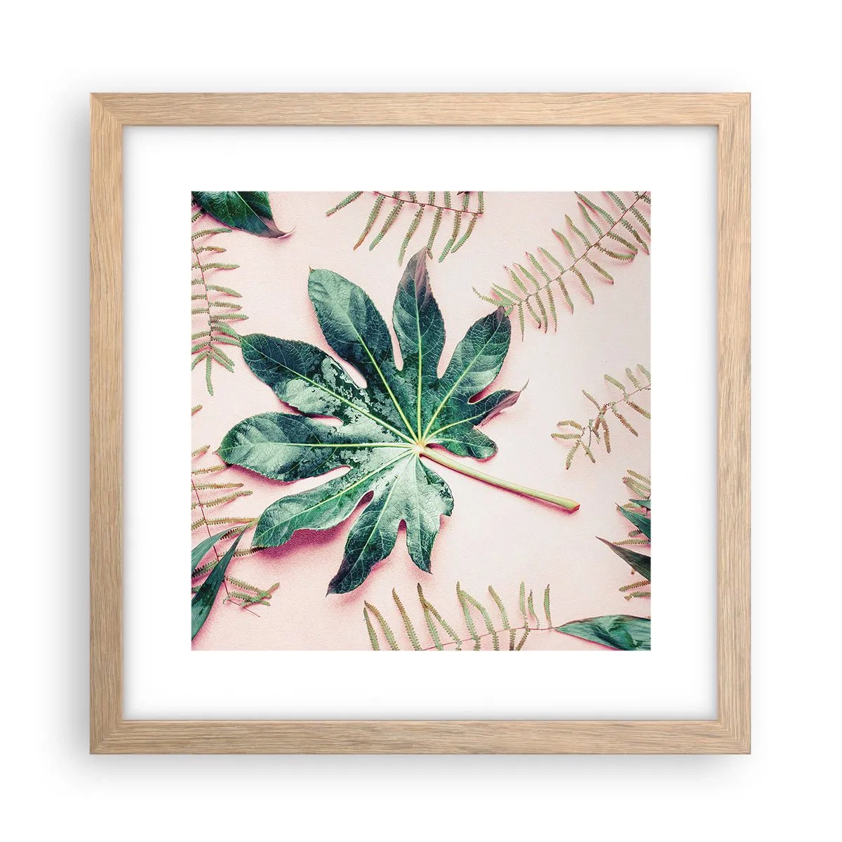 Poster in einem Rahmen aus heller Eiche - Eine Studie von Grün auf einem rosa Hintergrund - 30x30 cm