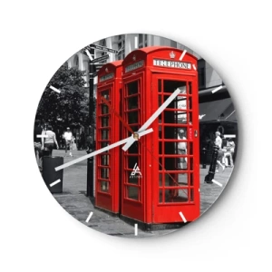 Wanduhr - Glasuhr - Rote Telefonzellen vor der Kulisse der Stadt - 30x30cm - Rote Telefonzellen - Moderne Wanddekoration für Wohnzimmer, Küche und Schlafzimmer ARTTOR