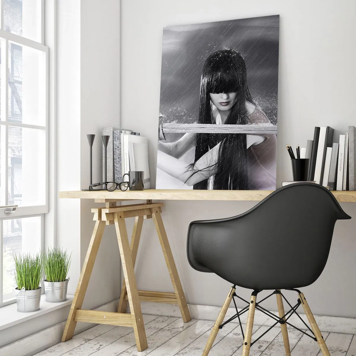 Glasbild - Bild auf glas - Eine Frau mit einem Schwert im Regen mit einem dynamischen und geheimnisvollen Aussehen - 80x120cm - Schön und gefährlich - Moderne Wanddekoration für Wohnzimmer und Schlafzimmer ARTTOR