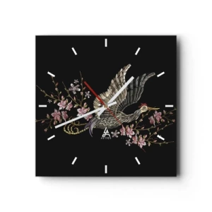 Wanduhr - Glasuhr - Ein Vogel im Flug mit Blumen auf schwarzem Hintergrund - 30x30cm - Exotischer gestickter Vogel - Moderne Wanddekoration für Wohnzimmer und Schlafzimmer ARTTOR