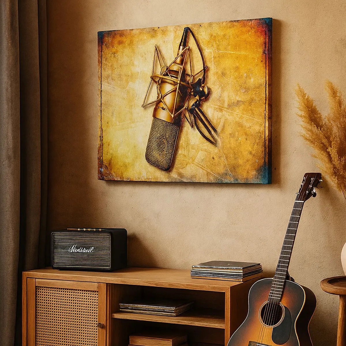 Bild auf Leinwand - Leinwandbild - Ein goldenes Studiomikrofon vor einem Vintage-Hintergrund in warmen Tönen. - 70x50cm - Die goldenen Jahre des Radios - Moderne Wanddekoration für Wohnzimmer und Schlafzimmer ARTTOR