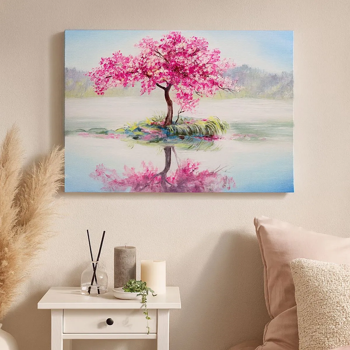 Bild auf Leinwand - Leinwandbild - Ein blühender Baum auf stillem Wasser - 70x50cm - Der Ritus des Frühlings - Moderne Wanddekoration für Wohnzimmer und Schlafzimmer ARTTOR