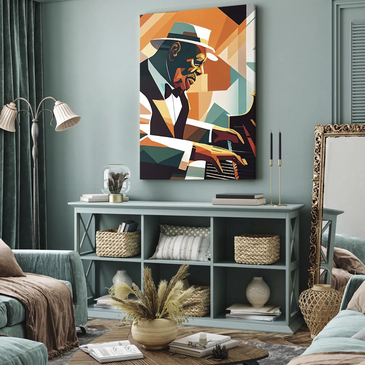Bild auf Leinwand - Leinwandbild - Abstrakter Musiker, der in warmen Farben Klavier spielt. - 70x100cm - Alles vom Jazz - Moderne Wanddekoration für Wohnzimmer und Schlafzimmer ARTTOR