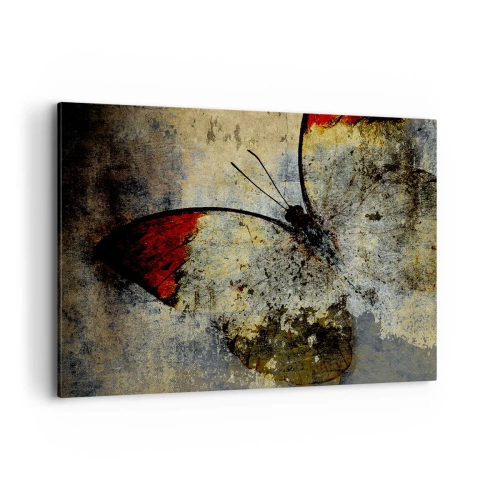 Bild auf Leinwand - Leinwandbild - Ein Schmetterling in Rot- und Grautönen auf strukturiertem Hintergrund - 100x70cm - Pass auf, bevor ich verschwinde - Moderne Wanddekoration für Wohnzimmer und Schlafzimmer ARTTOR