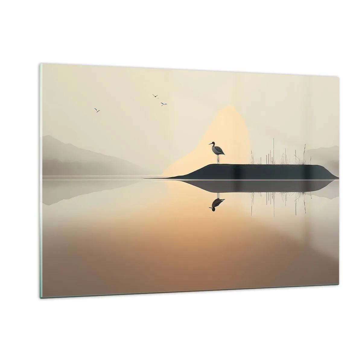 Glasbild - Bild auf glas - Ein Reiher steht auf einer Insel im ruhigen Wasser eines Sees - 120x80cm - Herr am See - Moderne Wanddekoration für Wohnzimmer und Schlafzimmer ARTTOR