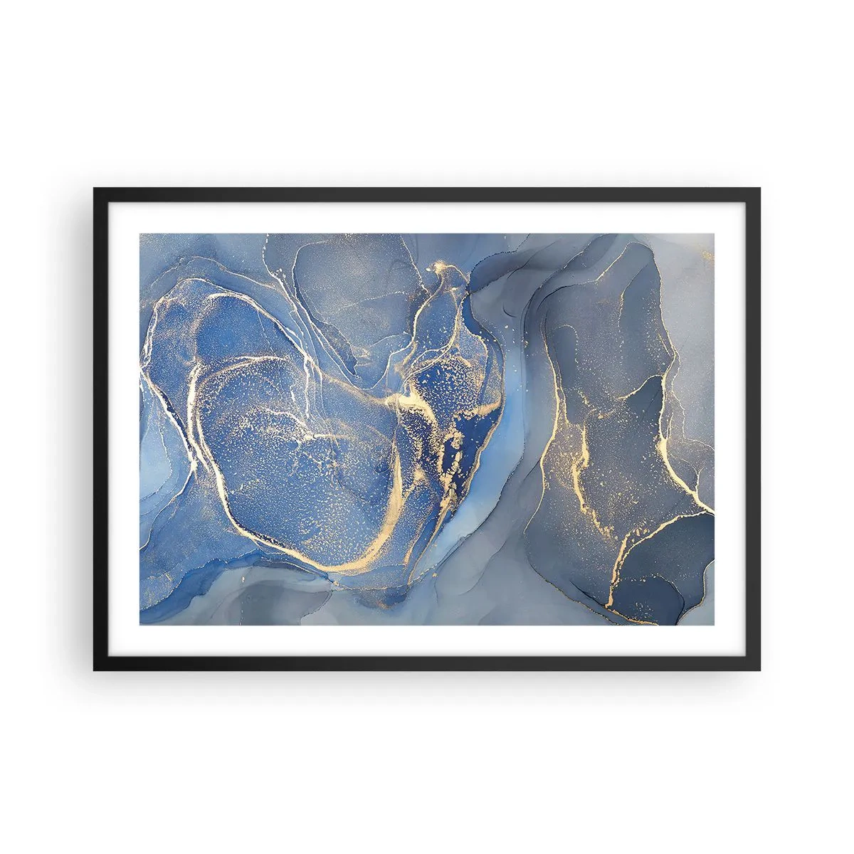 Poster in einem schwarzem Rahmen - Abstrakte blaue Muster mit goldenen Akzenten - 70x50cm - Goldstaub - Moderne Wanddekoration für Wohnzimmer und Schlafzimmer ARTTOR