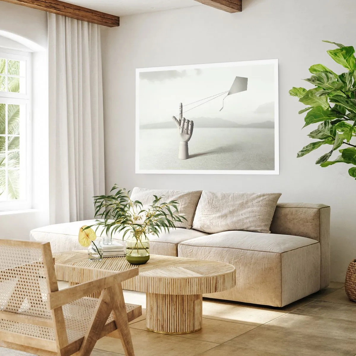 Poster - Eine minimalistische Holzhand mit einem Drachen vor einem Landschaftshintergrund. - 100x70cm - Kraftprobe - Moderne Wanddekoration für Wohnzimmer und Schlafzimmer ARTTOR