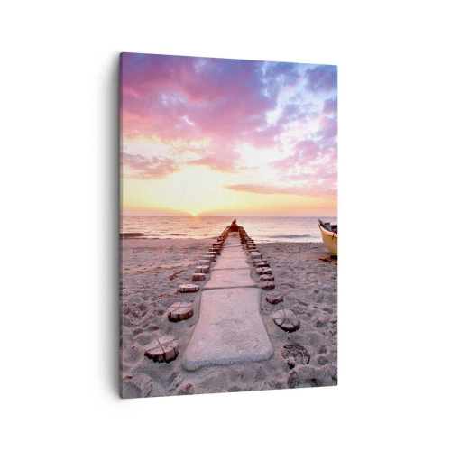 Bild auf Leinwand - Leinwandbild - Sunrise Beach mit Boot und Pier - 50x70cm - Ein Moment tiefer Erfahrung - Moderne Wanddekoration für Wohnzimmer und Schlafzimmer ARTTOR