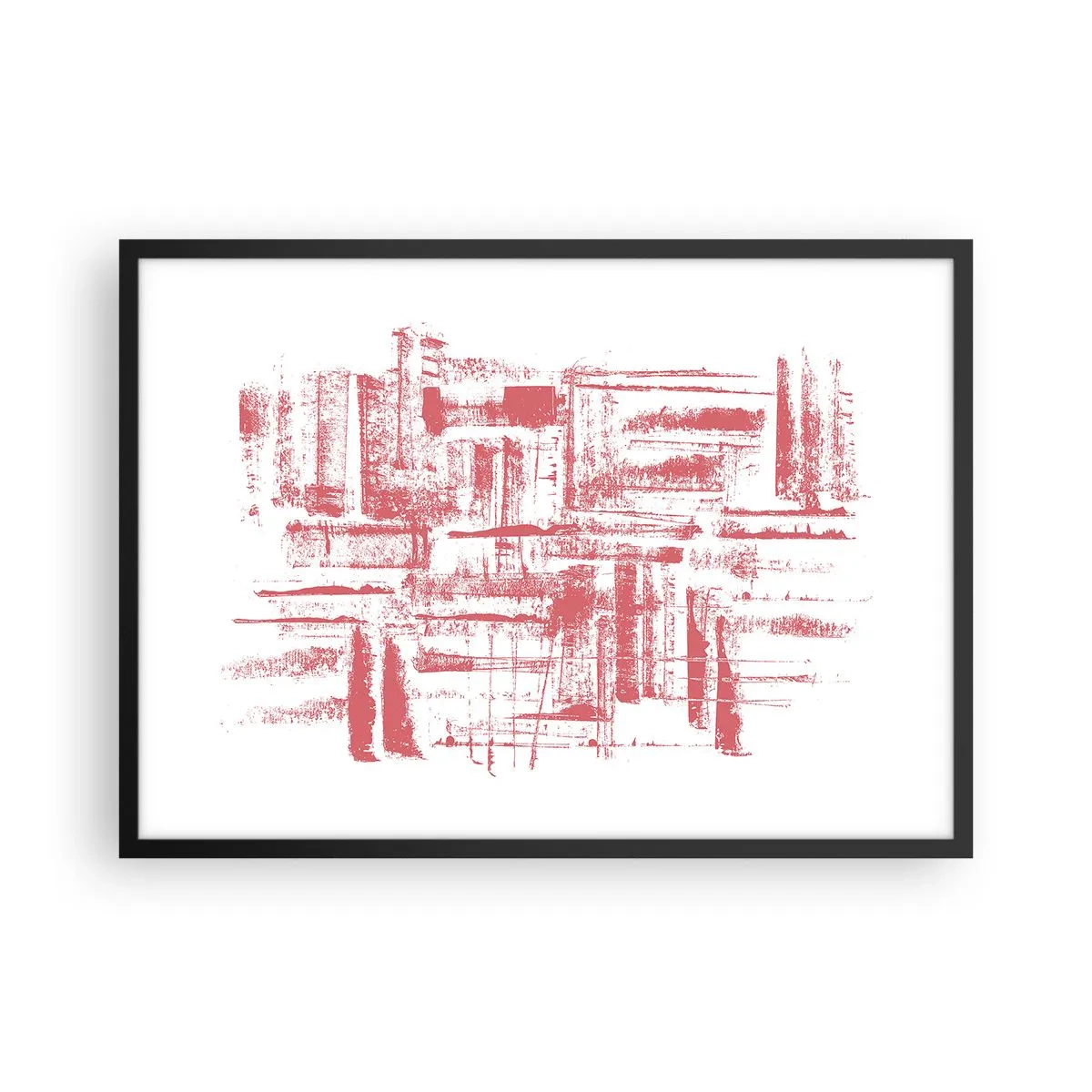 Poster in einem schwarzem Rahmen - Abstrakte rosa Texturen auf weißem Hintergrund - 70x50cm - Die rote Stadt - Moderne Wanddekoration für Wohnzimmer und Schlafzimmer ARTTOR