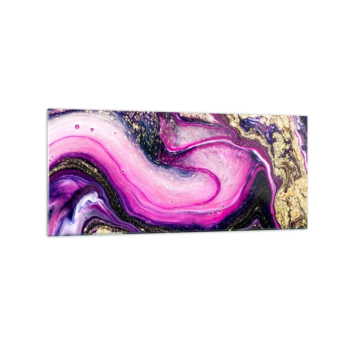 Glasbild - Bild auf glas - Abstrakte Wellen in Lila- und Goldtönen - 120x50cm - Ein Moment hinter den Kulissen - Moderne Wanddekoration für Wohnzimmer und Schlafzimmer ARTTOR