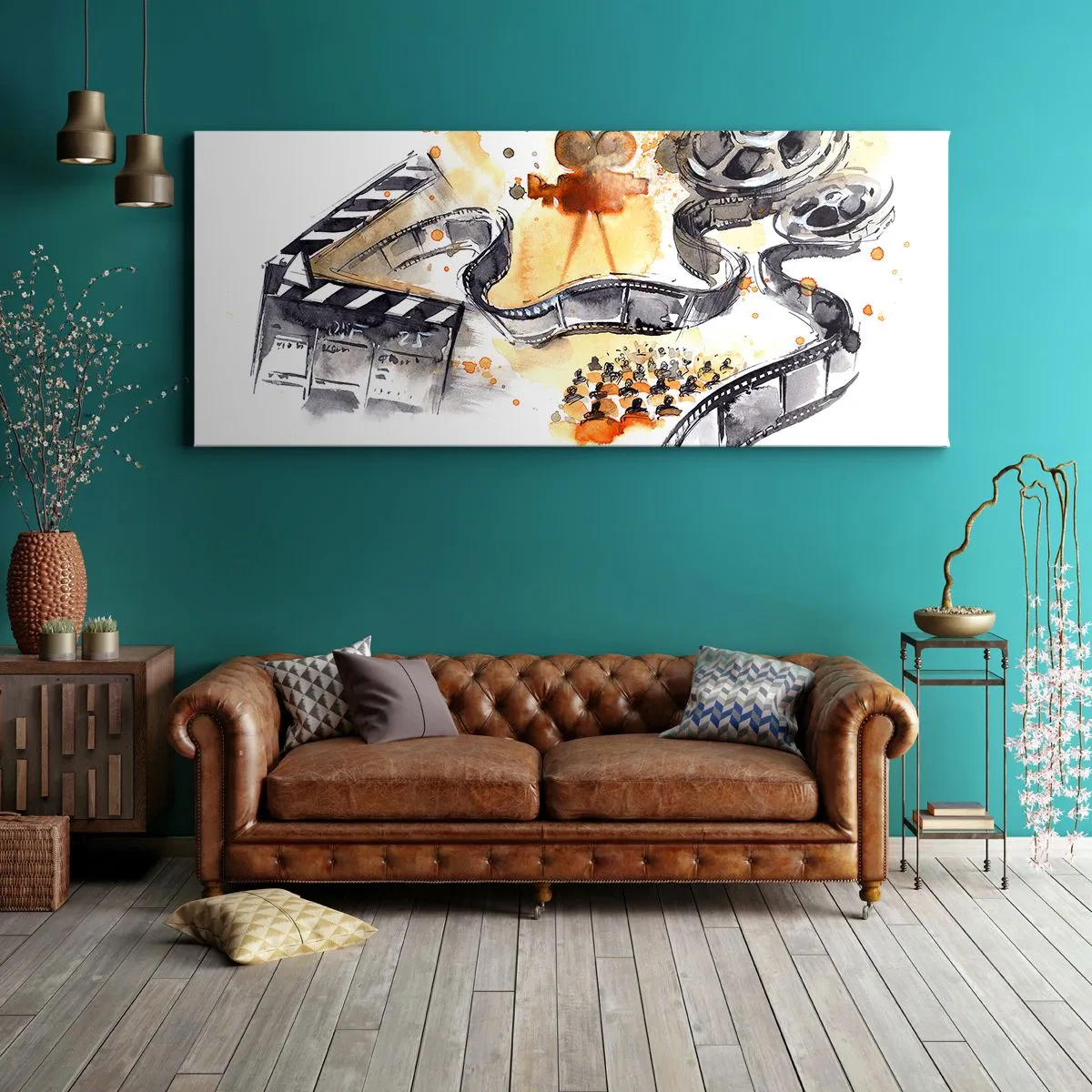 Bild auf Leinwand - Leinwandbild - Die Symbolik des Kinos mit einem Filmstreifen in einem künstlerischen Aquarell - 120x50cm - Im Land der Träume - Moderne Wanddekoration für Wohnzimmer und Schlafzimmer ARTTOR