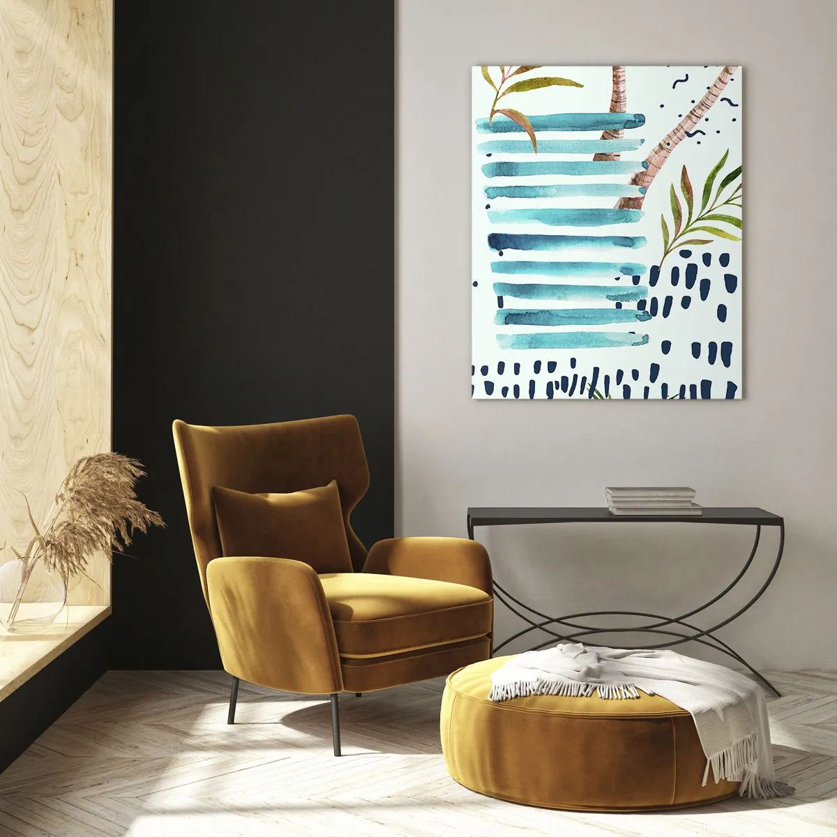 Glasbild - Bild auf glas - Abstraktes Muster mit Palmen und nautischen Akzenten - 80x120cm - Urlaub unter Palmen - Moderne Wanddekoration für Wohnzimmer und Schlafzimmer ARTTOR
