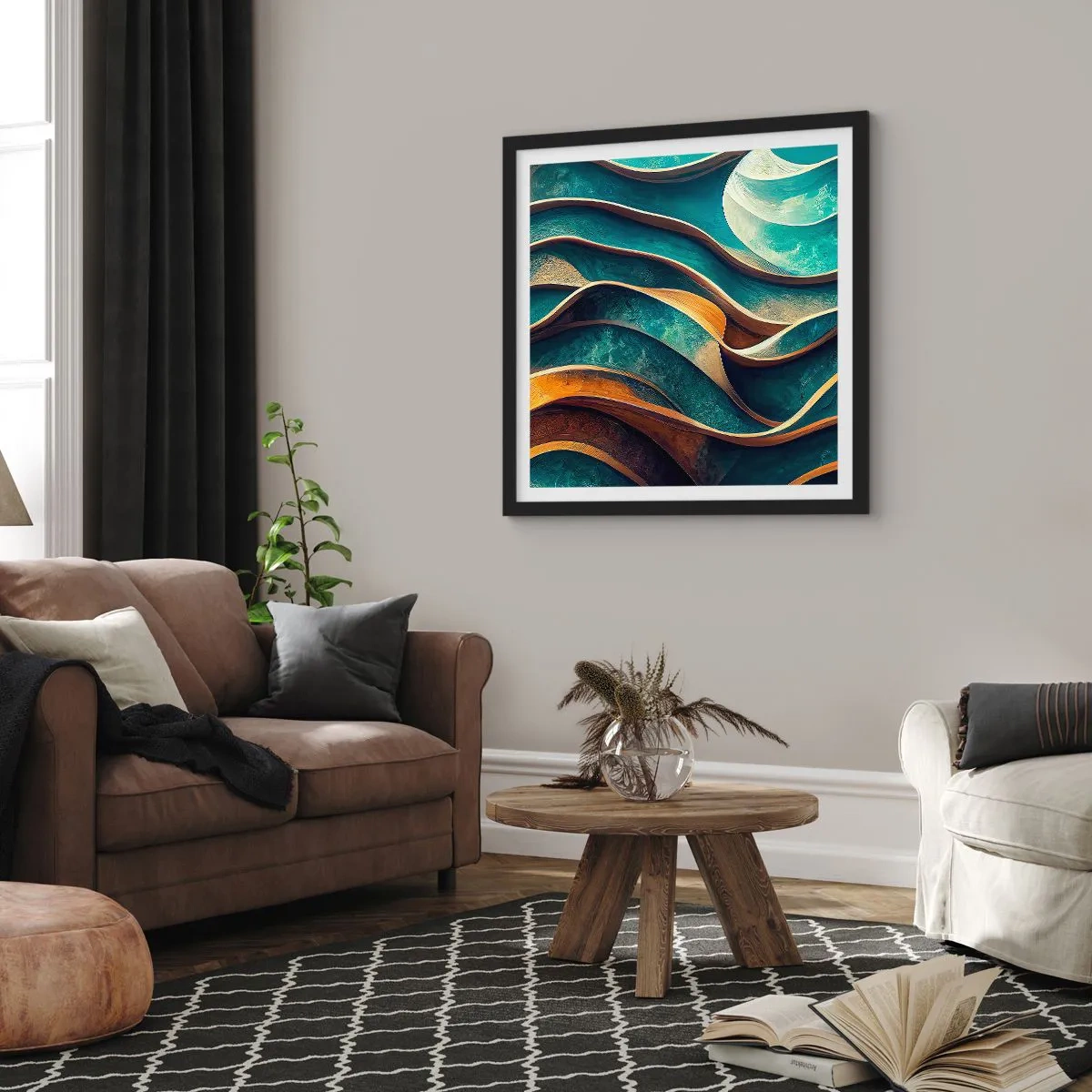 Poster in einem schwarzem Rahmen - Blaue Mäander - 60x60 cm