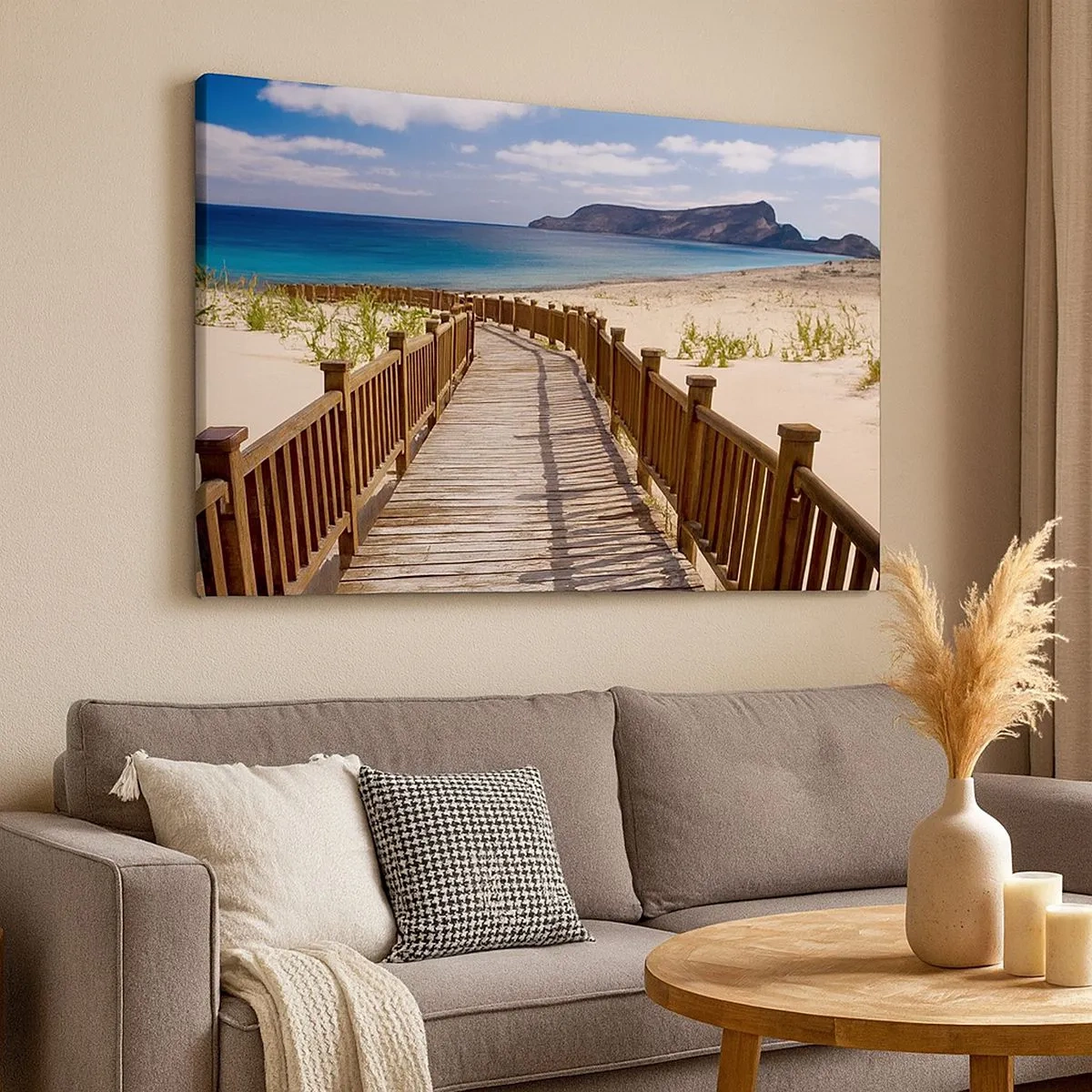 Bild auf Leinwand - Leinwandbild - Holzweg zum Strand mit Meerblick - 70x50cm - Bring mich zu den glücklichen Inseln - Moderne Wanddekoration für Wohnzimmer und Schlafzimmer ARTTOR