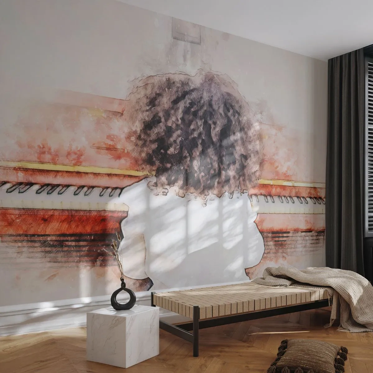 Fototapete Premium Sand - Ein Aquarell eines Klavier spielenden Kindes - 100x70cm - In der neuen Welt - Moderne Wanddekoration für Wohnzimmer und Schlafzimmer ARTTOR