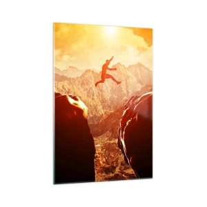 Glasbild - Bild auf glas - Eine Figur springt zwischen Felsen mit Bergen im Hintergrund - 70x100cm - Grenzen überschreiten - Moderne Wanddekoration für Wohnzimmer und Schlafzimmer ARTTOR