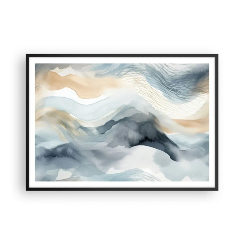 Poster in einem schwarzem Rahmen - Eine zarte Abstraktion mit Bergmotiv in Pastelltönen. - 100x70cm - Verschneite und neblige Abstraktion - Moderne Wanddekoration für Wohnzimmer und Schlafzimmer ARTTOR