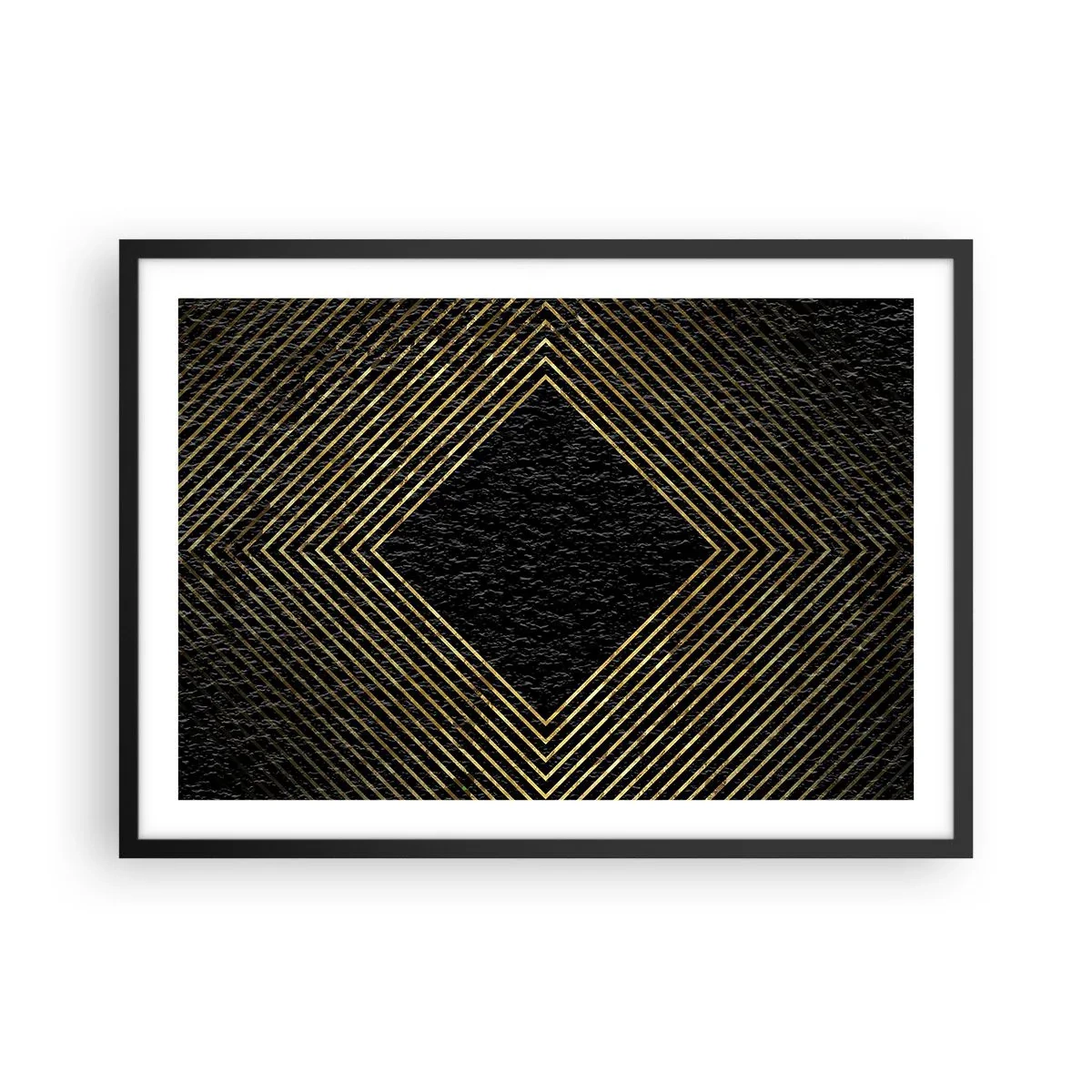 Poster in einem schwarzem Rahmen - Schwarzer Hintergrund mit einem geometrischen Muster aus goldenen Linien - 70x50cm - Geometrie im glamourösen Stil - Moderne Wanddekoration für Wohnzimmer und Schlafzimmer ARTTOR